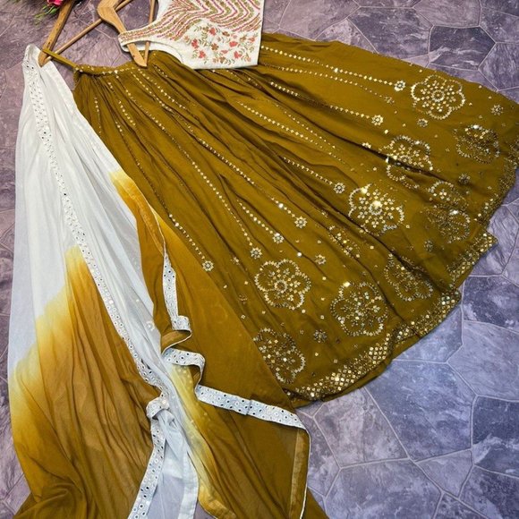 BEAUTIFUL READY TO WEAR FULL STITCH GWEORGETTE SEQUENCE EMBROIDERY WORK LEHENGHA - Picture 7 of 7